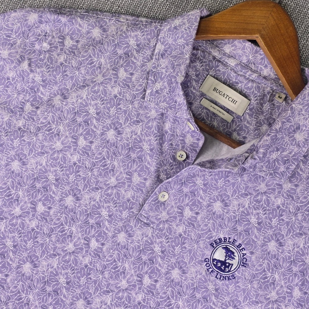 Pebble Beach Golf Links x Bugatchi Polo Shirt Mens M Purple Floral 8-Way Stretch